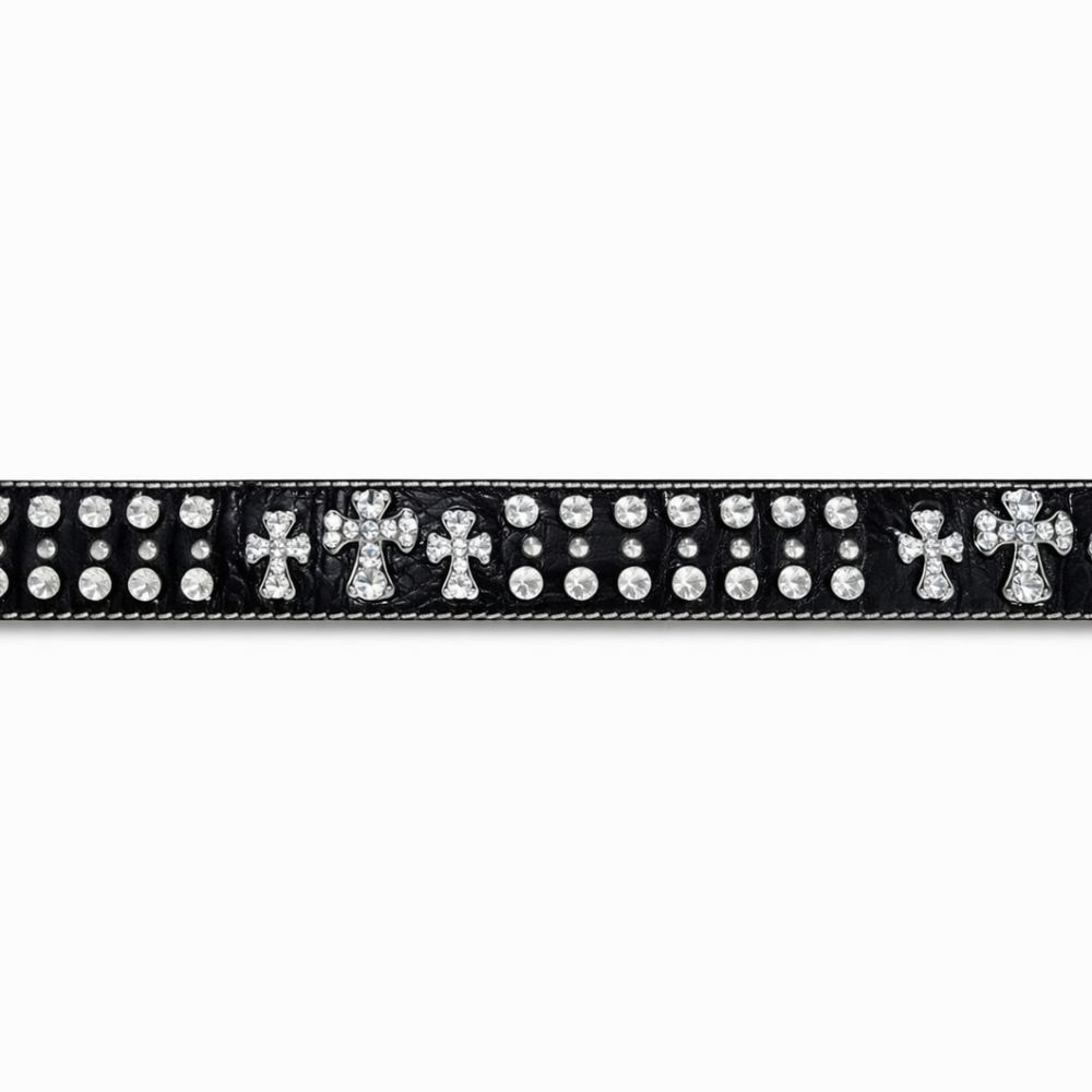Large Nocona Black Leather Rhinestone Cross Belt | Western Bling | Size 35"-39" - Picture 3 of 6